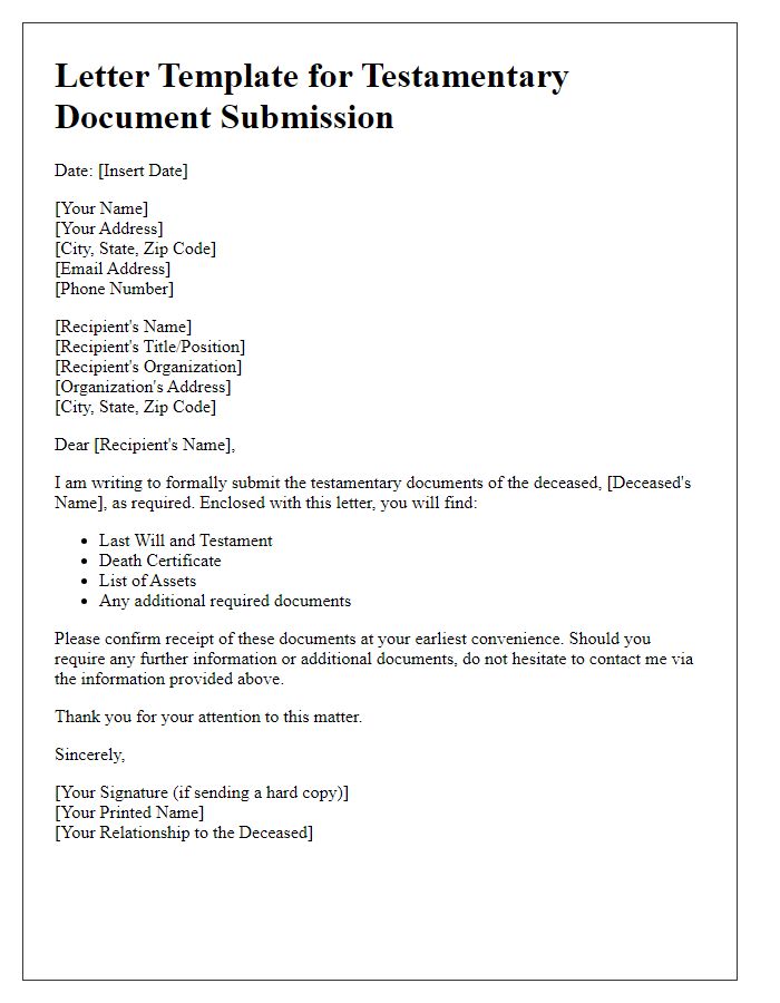 Letter template of testamentary document submission