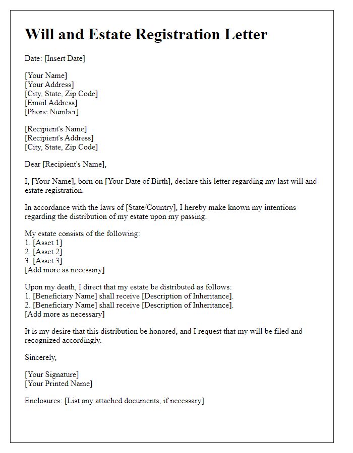 Letter template of will and estate registration