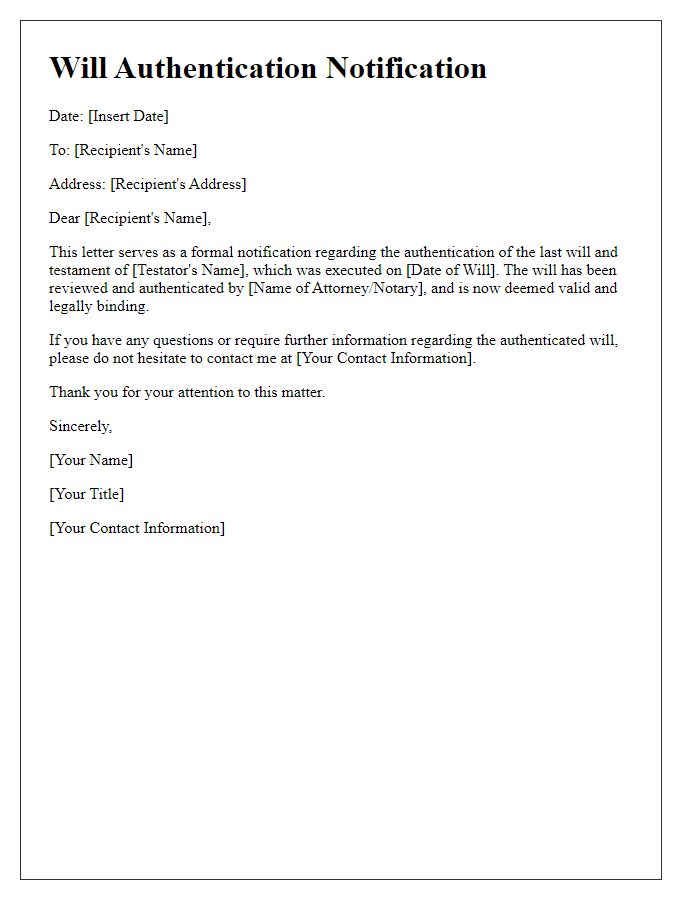 Letter template of will authentication notification