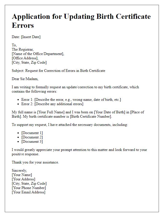 Letter template of application for updating birth certificate errors