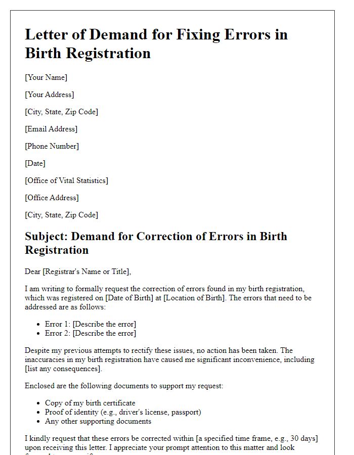 Letter template of demand for fixing errors in birth registration