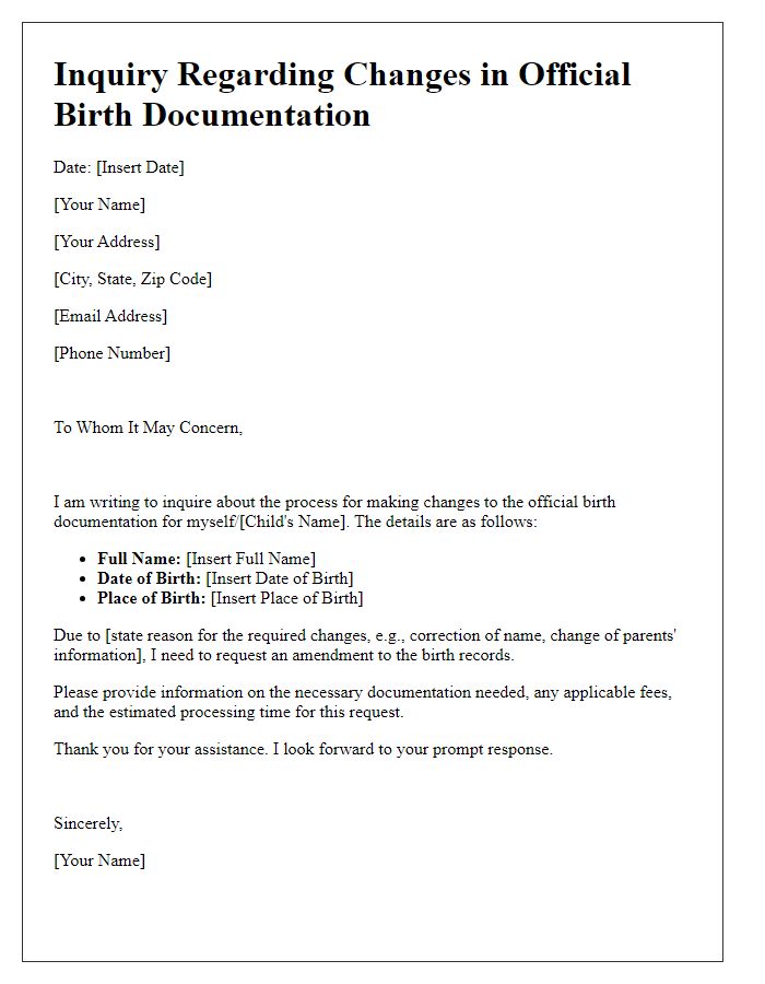 Letter template of inquiry for changes in official birth documentation