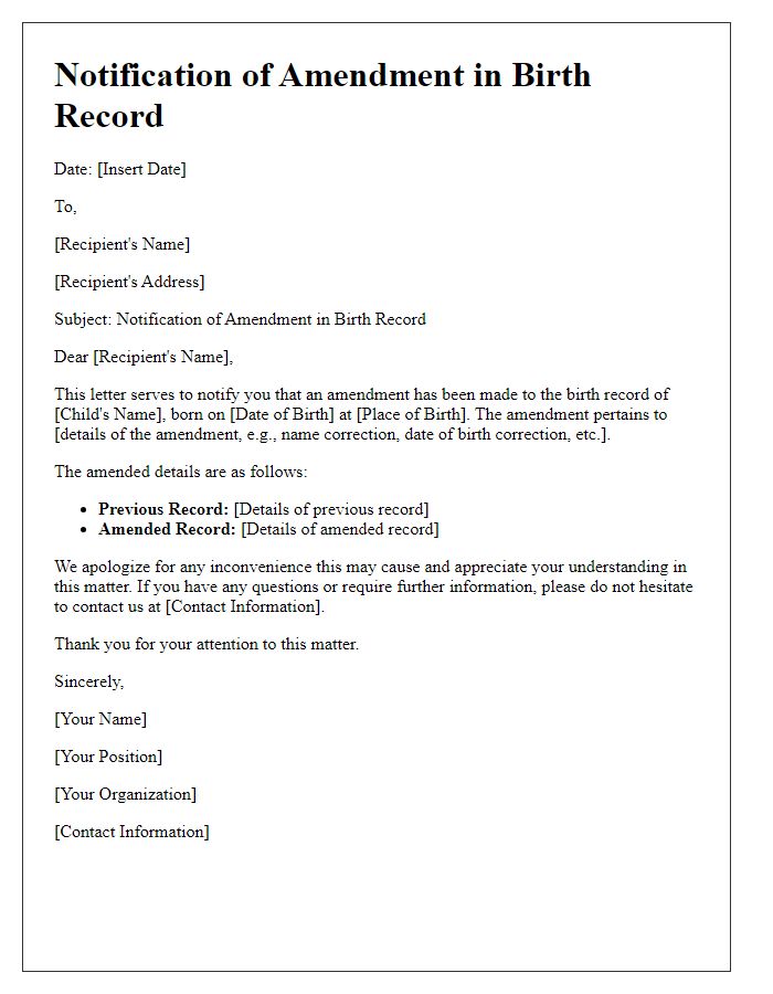 Letter template of notification for amendment in birth record