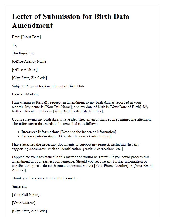 Letter template of submission for accurate birth data amendment