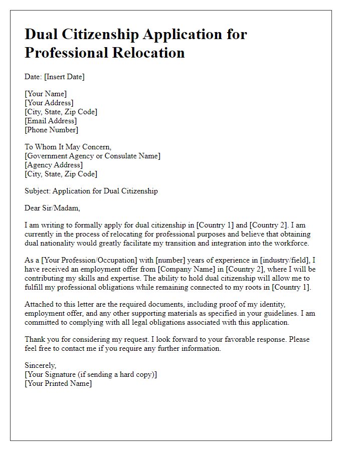 Letter template of dual citizenship application for professional relocation