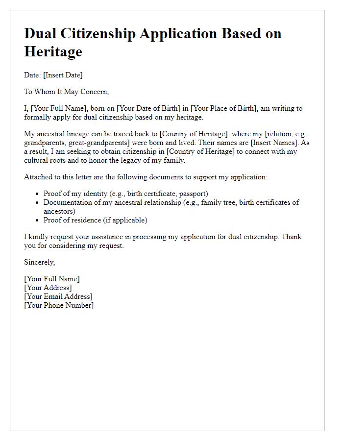 Letter template of dual citizenship based on heritage