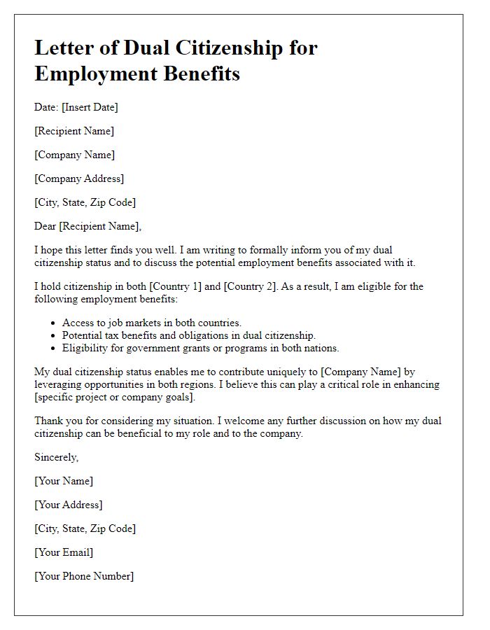 Letter template of dual citizenship for employment benefits