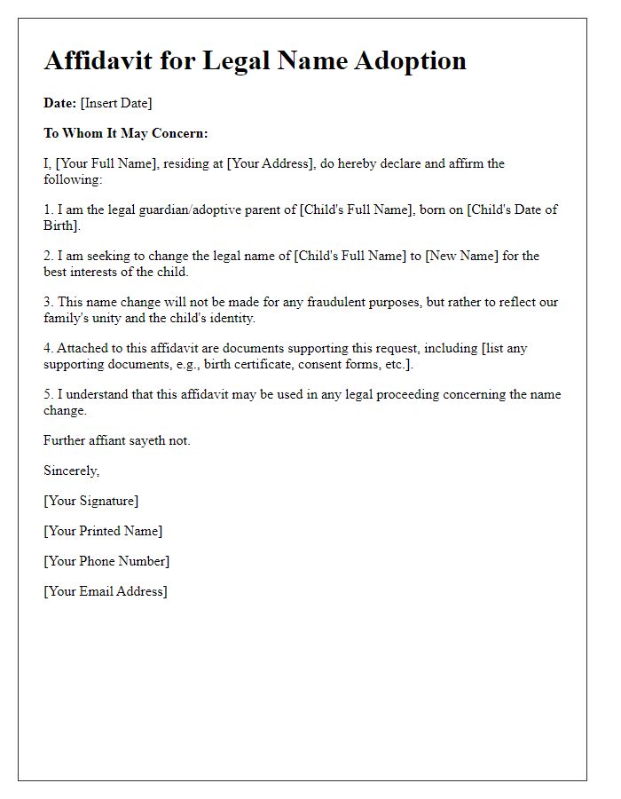 Letter template of affidavit for legal name adoption.