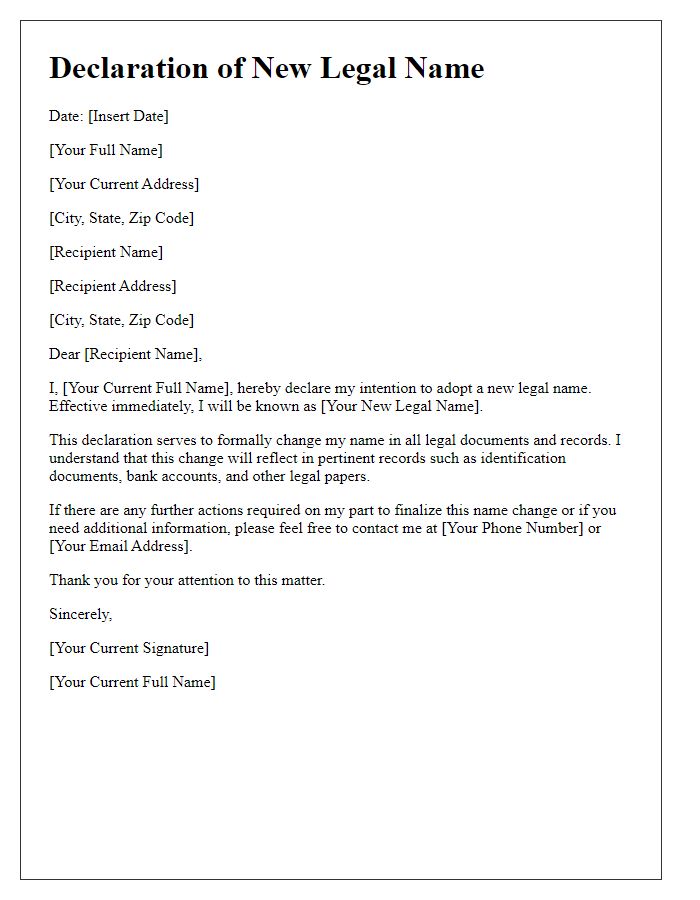 Letter template of declaration for adopting a new legal name.