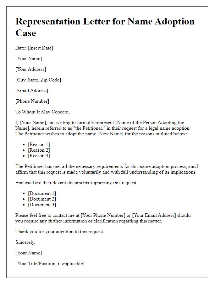 Letter template of representation for name adoption case.