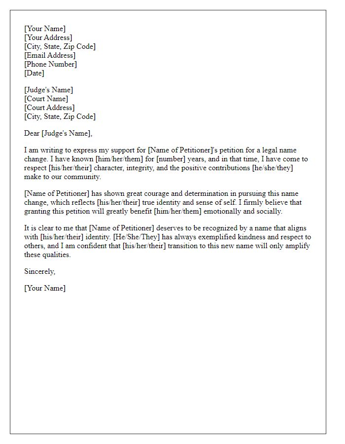 Letter template of support for legal name adoption petition.