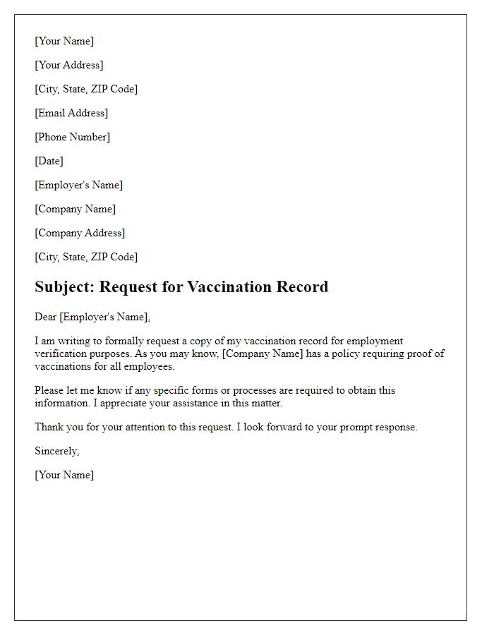 Letter template of vaccination record request for employment verification.