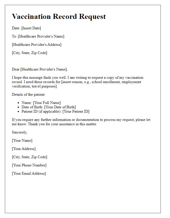 Letter template of vaccination record request for healthcare providers.