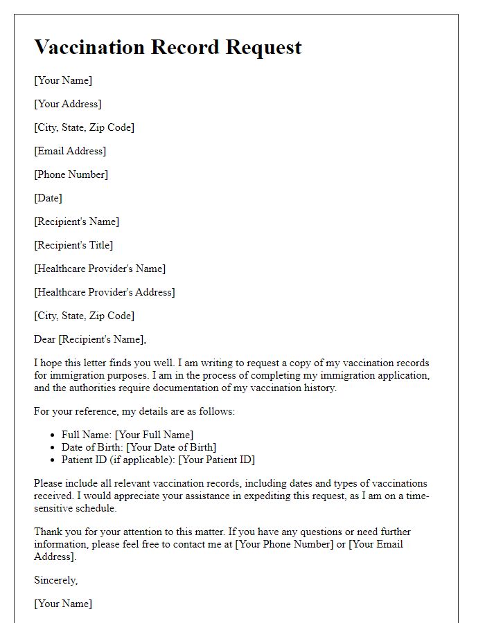 Letter template of vaccination record request for immigration purposes.