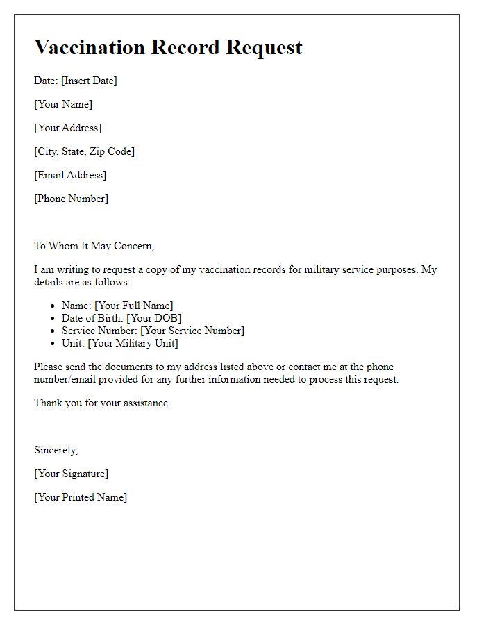 Letter template of vaccination record request for military service.