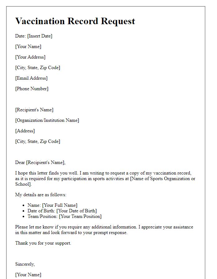 Letter template of vaccination record request for sports participation.