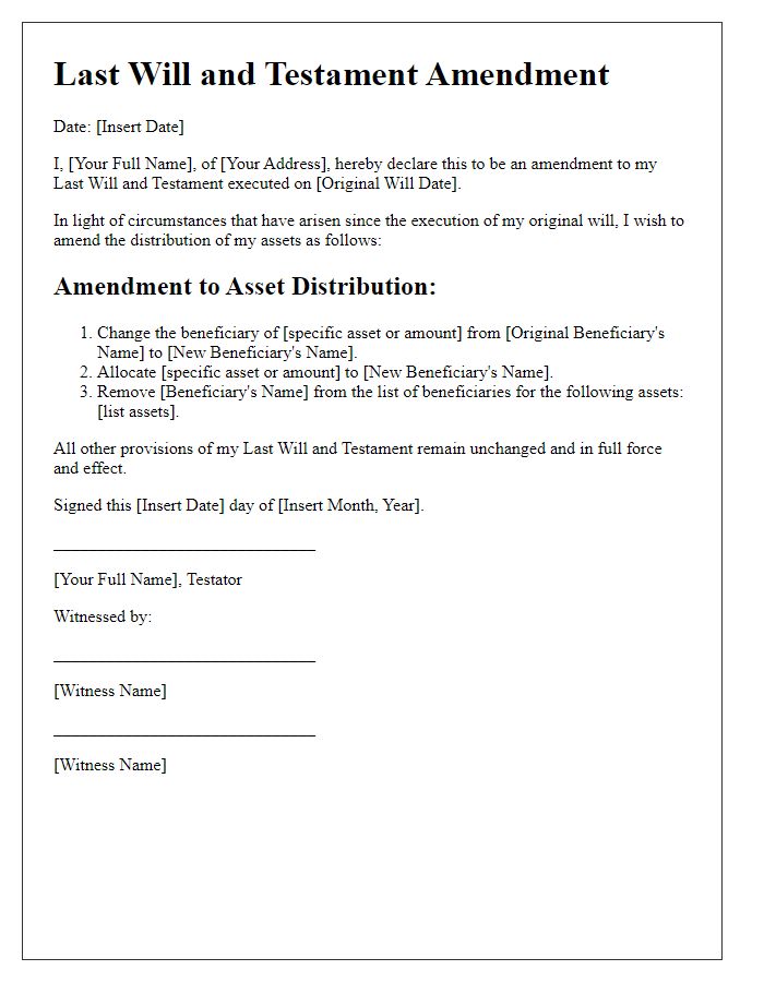 Letter template of last will amendments for asset distribution changes