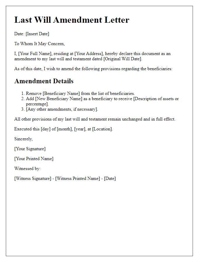 Letter template of last will amendments for beneficiaries