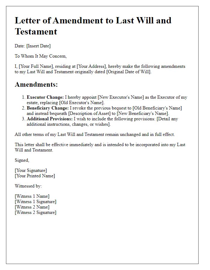 Letter template of last will amendments for estate executors