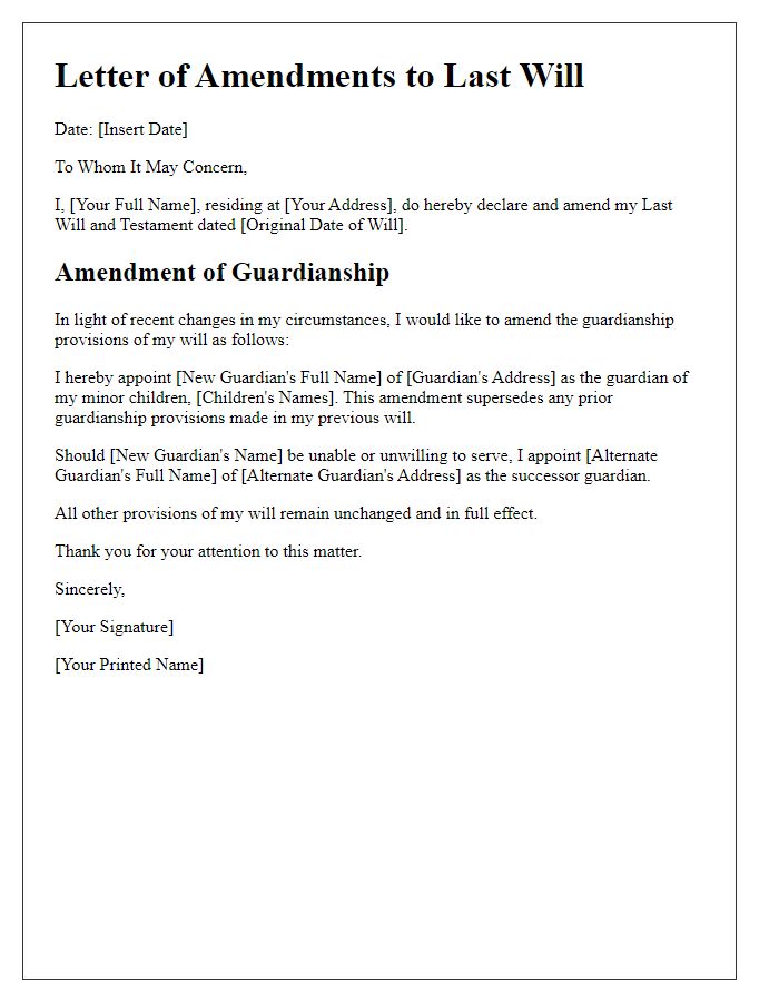 Letter template of last will amendments for guardianship updates