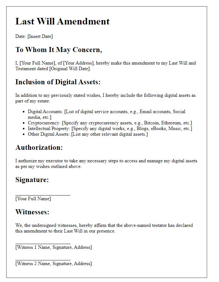 Letter template of last will amendments for including digital assets