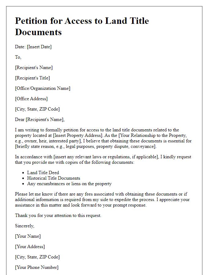 Letter template of petition for access to land title documents