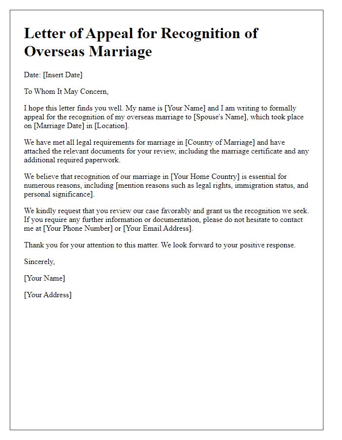 Letter template of appeal for recognition of overseas marriage.