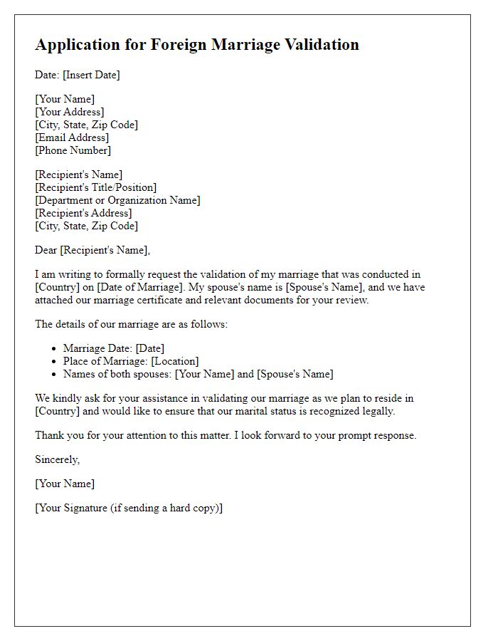 Letter template of application for foreign marriage validation.