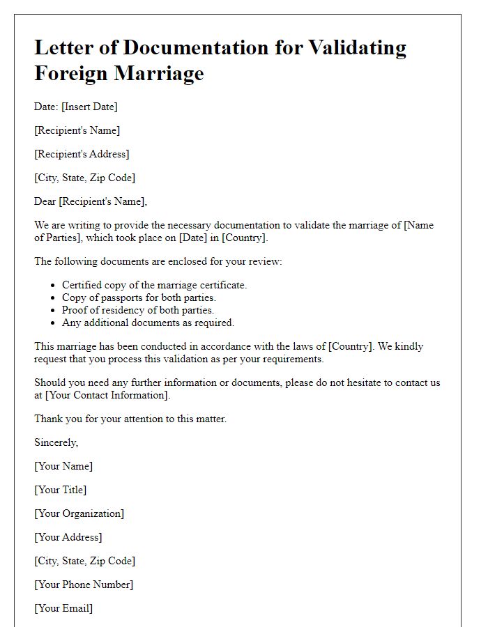 Letter template of documentation for validating foreign marriage.