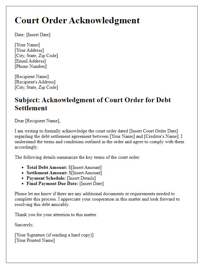 Letter template of court order acknowledgment for debt settlement.