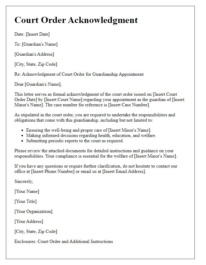 Letter template of court order acknowledgment for guardianship appointment.