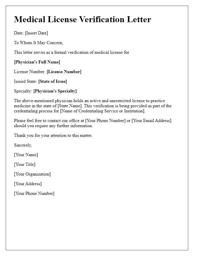 Letter template of medical license verification for credentialing services