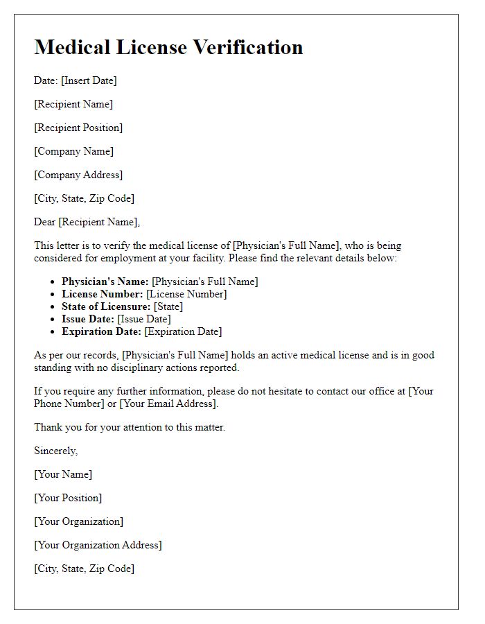 Letter template of medical license verification for employment purposes