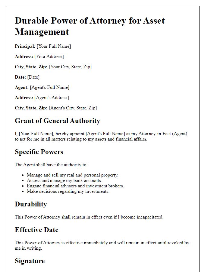 Letter template of durable power of attorney for asset management.