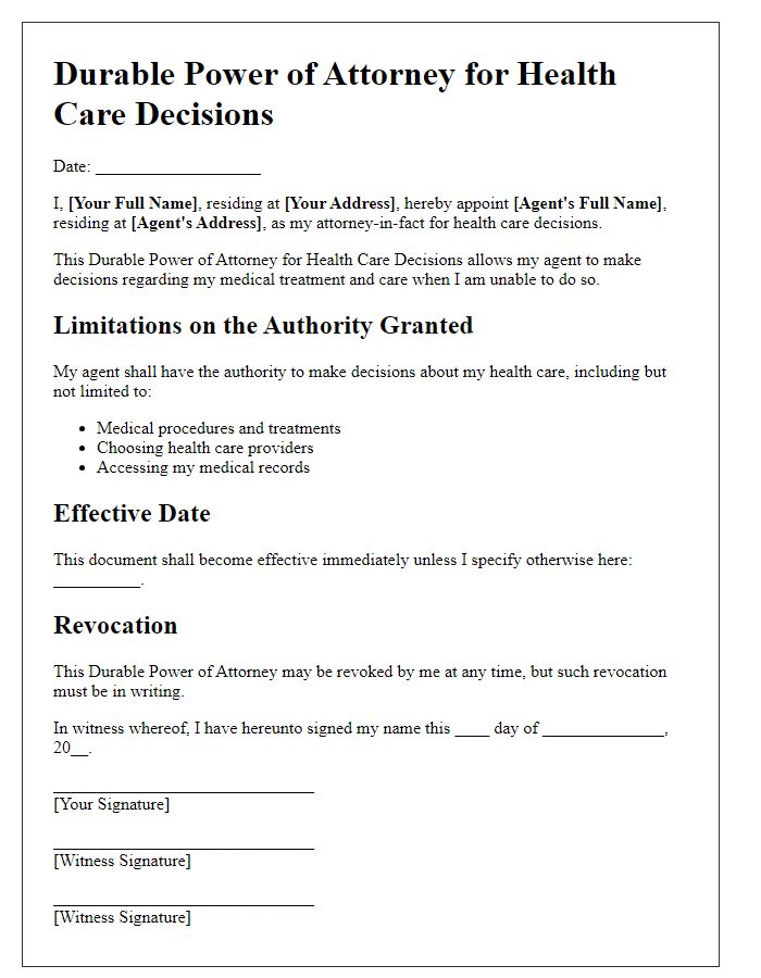 Letter template of durable power of attorney for health care decisions.