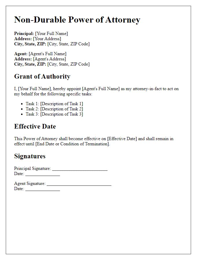 Letter template of non-durable power of attorney for specific tasks.