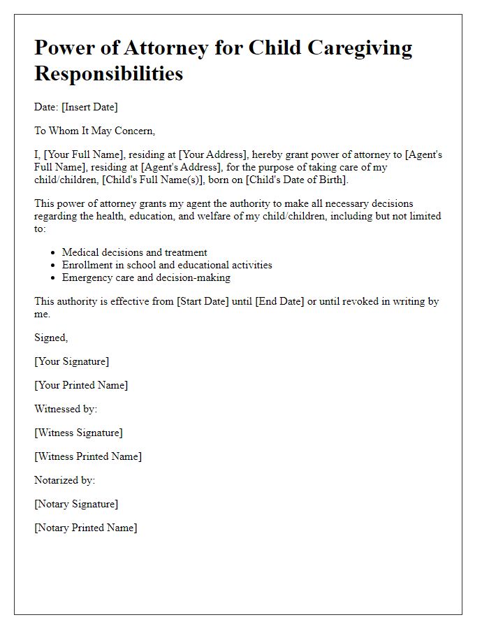 Letter template of power of attorney for child caregiving responsibilities.