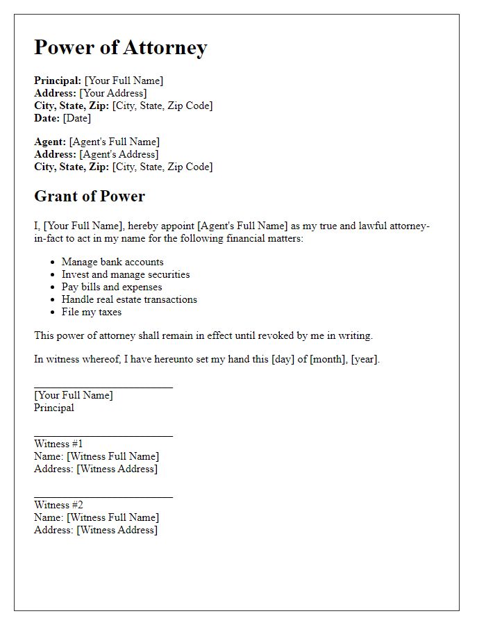 Letter template of power of attorney for financial matters.