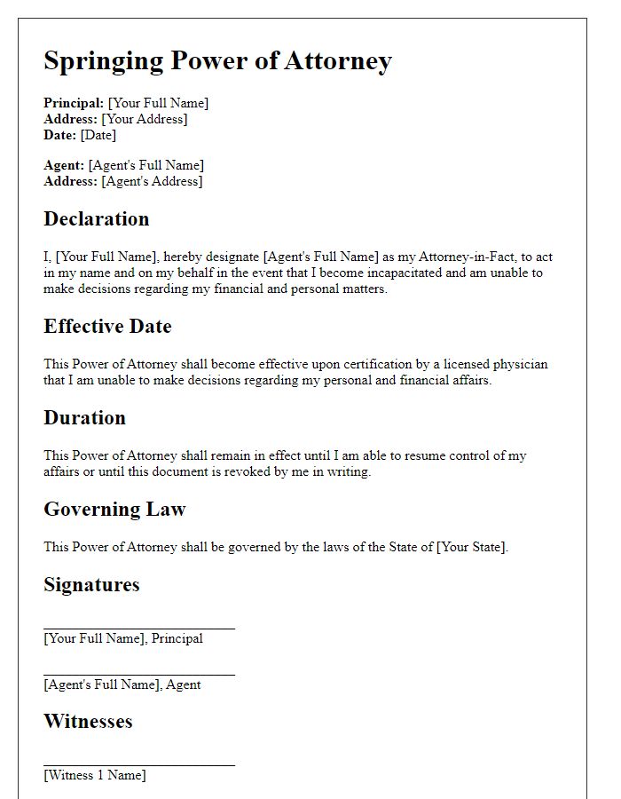 Letter template of springing power of attorney for future use.