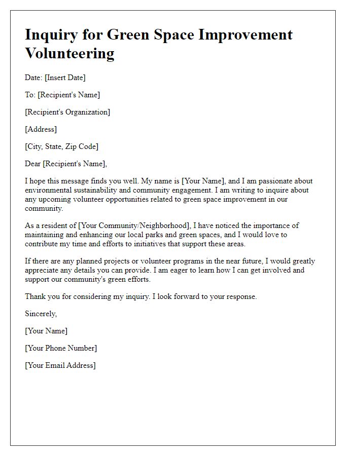 Letter template of inquiry for green space improvement volunteering