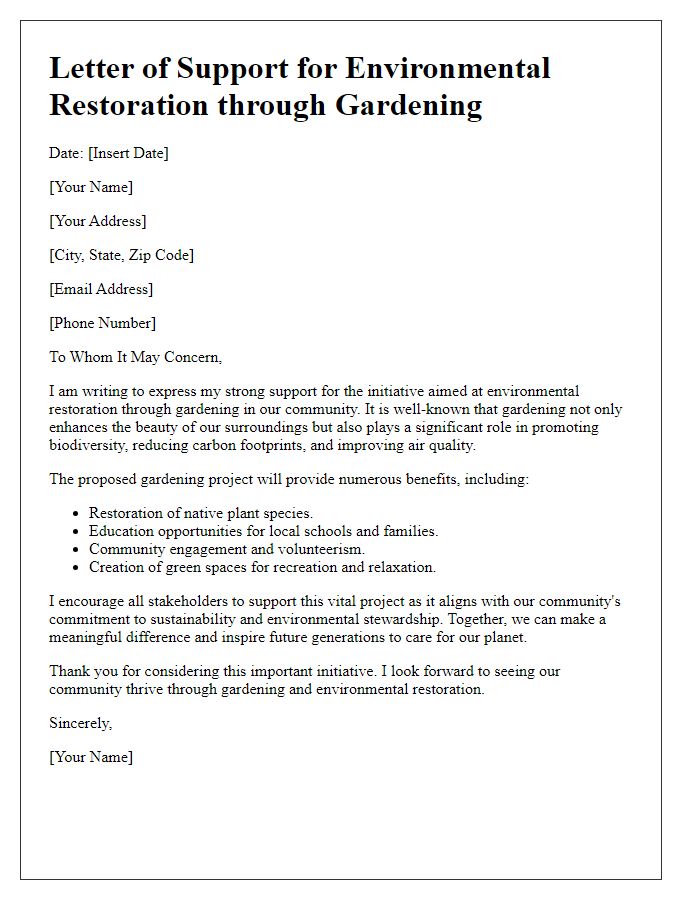 Letter template of support for environmental restoration through gardening