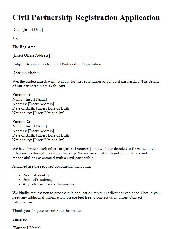 Letter template of civil partnership registration application