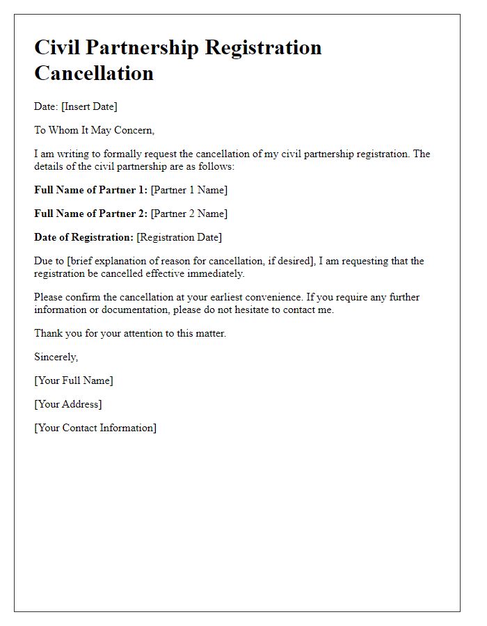 Letter template of civil partnership registration cancellation