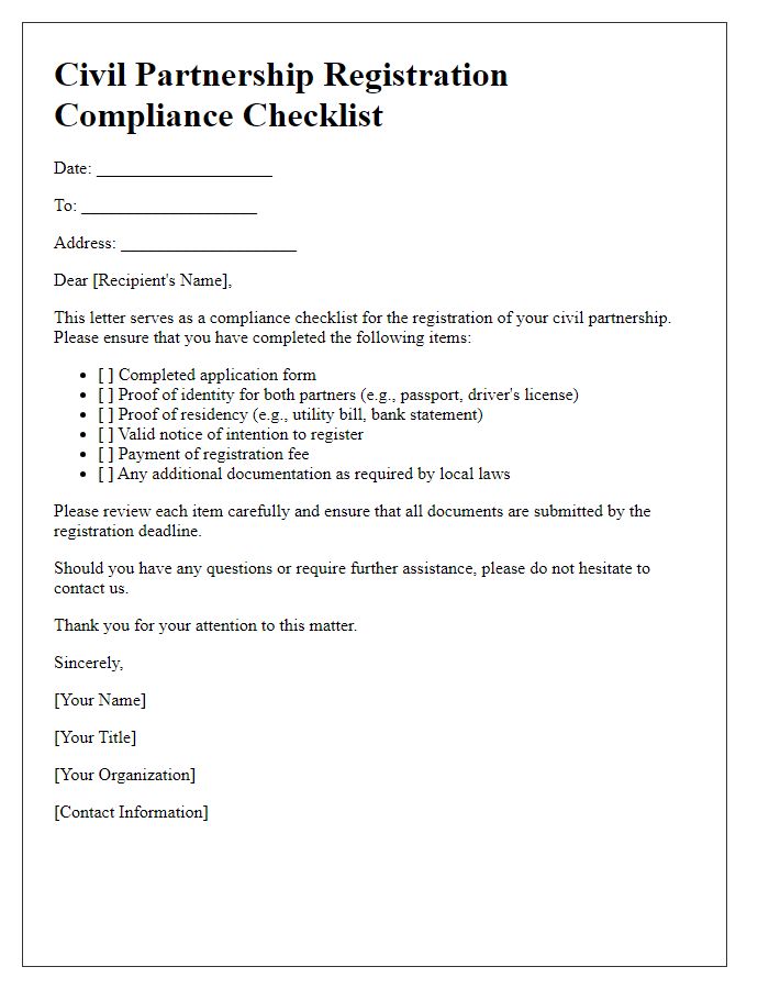 Letter template of civil partnership registration compliance checklist