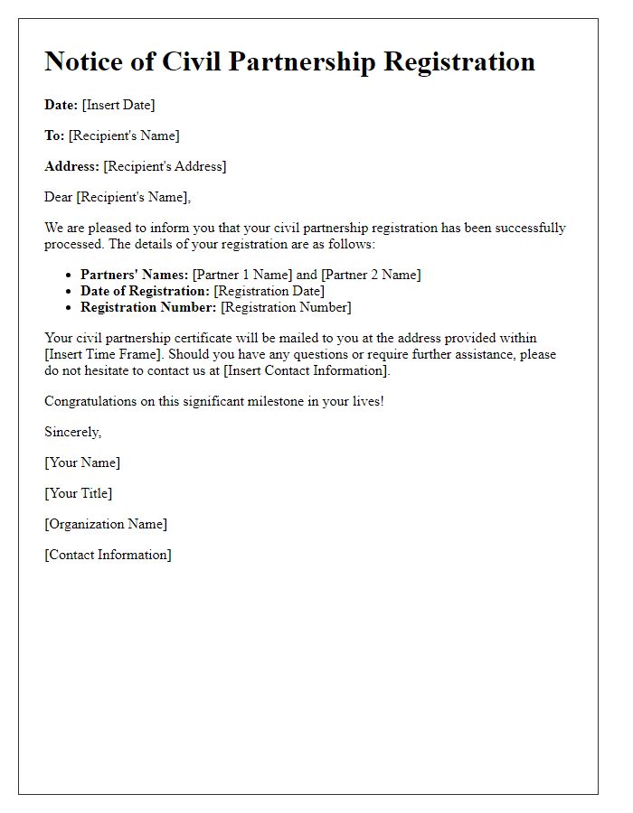 Letter template of civil partnership registration notification