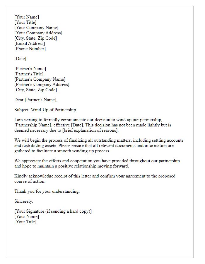 Letter template of business partnership wind-up.