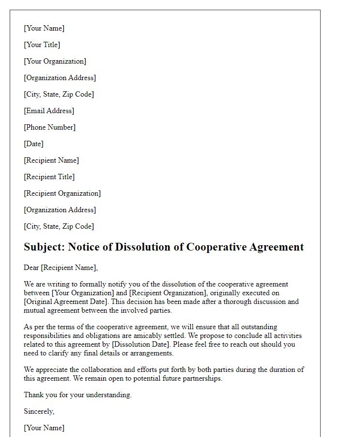 Letter template of cooperative agreement dissolution.