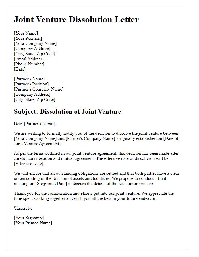 Letter template of joint venture dissolution.