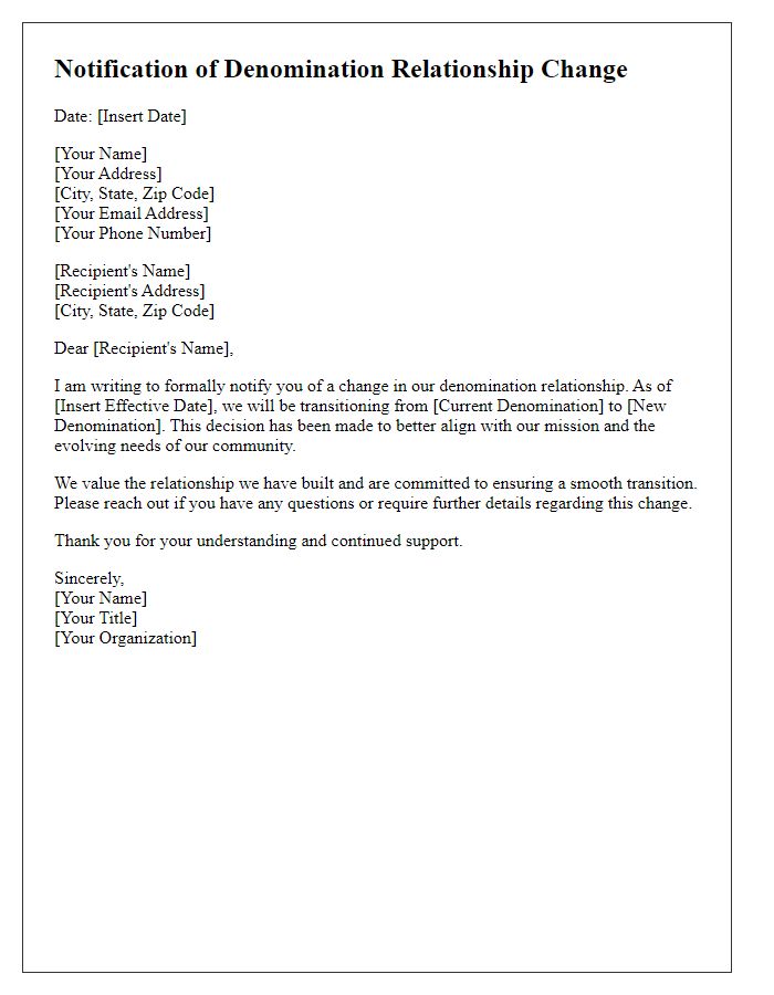 Letter template of denomination relationship change