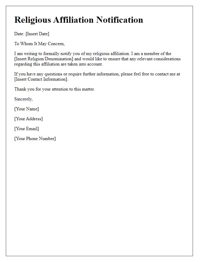 Letter template of religious affiliation notification